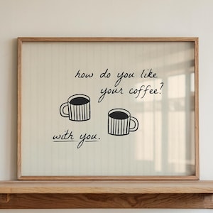 Handritad kaffe utskrivbar väggkonst, neutral randig beige typografi, romantisk köksväggkonstdekor