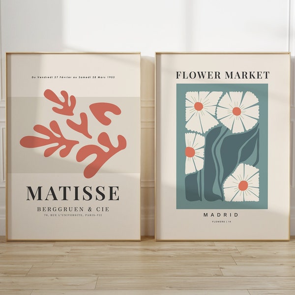 Henri Matisse Wall Art, Matisse Exhibition Art Posters, Madrid Flower Art, Blue Orange Wall Art Set, Flower Market Print, Set of 2 Wall Art