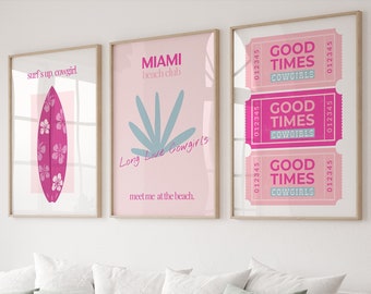 Juego de 3 impresiones de vaquera costera rosa, arte de pared retro con boleto rosa, arte de pared imprimible de estilo preppy, impresiones digitales de pósteres retro