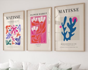 Blue Pink Wall Art, Gallery Wall Art, Paris Flower Market Poster, Matisse Wall Art, Set of 3 Art Prints, Minimalist Prints, Living room art