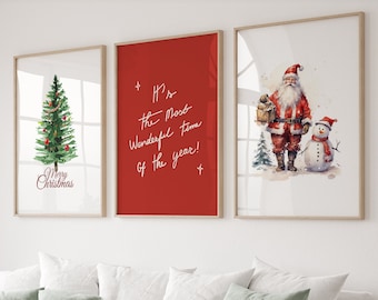 Gallery Set Of 3 Christmas Wall Art, Christmas Santa Claus with a snowman Print, Xmas Printable Home Decor, Christmas Tree Wall Art, DIGITAL