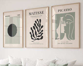 Sage Green Gallery Wall Art Set Of 3, Picasso Print, Matisse Poster, Picasso Poster, Gallery Wall Bundle, Bauhaus Poster Set,Modern Wall Art