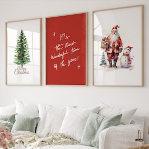 Gallery Set Of 3 Christmas Wall Art, Christmas Santa Claus with a snowman Print, Xmas Printable Home Decor, Christmas Tree Wall Art, DIGITAL