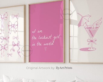 Juego de 3 cuadros de pared con lazos rosas de moda, decoración de dormitorio con estética femenina, decoración de habitación coqueta, decoración de apartamento universitario, arte de pared preppy