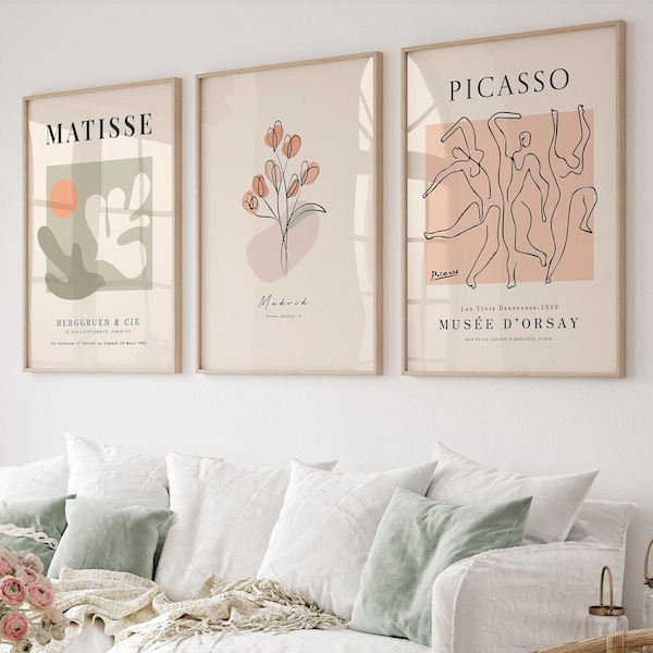 Soft Gallery Wall Art Set Of 3 Prints, Picasso Print, Matisse Poster, Picasso Poster,Gallery Wall Bundle, botanical wall art,Modern Wall Art