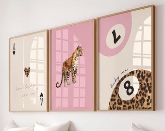 Pink Leopard Cheetah Print Set of 3 How lucky are we Lucky 8 Ball Cheetah Posters coquette room decor maximalist dorm wall art decor digital