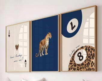 Navy Blue Leopard Cheetah Print Set of 3 How lucky are we Lucky 8 Ball Cheetah Posters coquette room decor maximalist dorm wall art decor