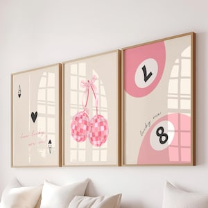 Vintage Pink How lucky Are We Print Set Of 3 Lucky 8 Pool Ball Art Funky Pink Aesthetic Print cherry disco ball print coquette room decor