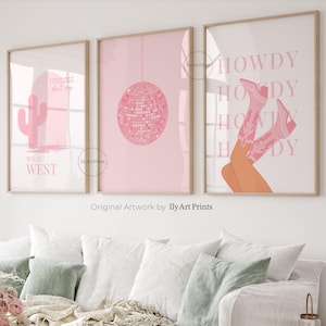 Ensemble de 3 impression cowgirl disco côtières roses, art mural imprimable esthétique preppy tendance, estampes d'art Far West, art cowgirl western vintage, bonjour
