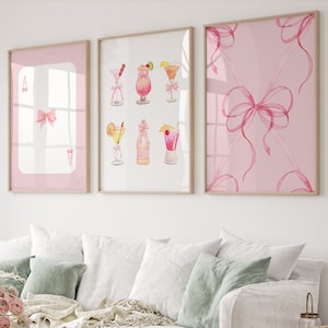 Trendy roze strikken muur kunstgalerie set van 3, coquette room decor, college appartement decor, girly esthetische slaapzaal decor, preppy poster
