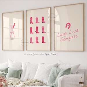 Wild West Pink Preppy Cowgirl 3 piece wall art Boots Long Live Cowgirls Digital Print vintage coquette room decor Girly Western Print