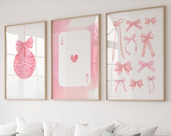 Trendy Pink Bows Wall Art Gallery 3er-Set, kokette Raumdekoration, College Wohnung Dekor, Girly ästhetic Wohnheim Dekor, Preppy Poster