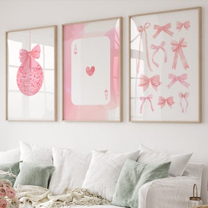 Trendy roze strikken muur kunstgalerie set van 3, coquette kamer decor, college appartement decor, girly esthetische slaapzaal decor, preppy poster