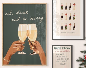 Christmas Printable Set of 3, Eat Drink and Be Merry Holiday Bar Cart Decor, Retro Cheers Guest Check Print, Champagne with Red Bows Print