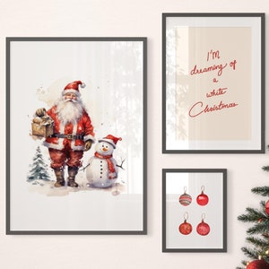 クリスマスの印刷可能な3枚セット、クリスマスのサンタクロースと雪だるまのプリント、赤いクリスマスの飾りのウォールアート、クリスマスの印刷可能な装飾、デジタル