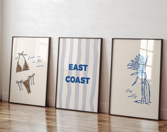East Coast Vintage Leopard navy blue coastal print set of 3 Trendy Aesthetic Bar Cart Wall Decor, preppy stuff, beachy wall art dorm decor