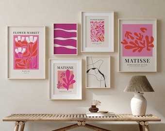 MODERN GALLERY WALL Set of 6 Wall Art Prints, Dorm Room Decor for girls, set of 6 prints,valentine printable, valentine decor, Pink Matisse
