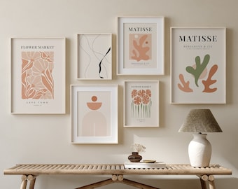 MODERN GALLERY WALL Set of 6 Wall Art Prints, set of 6 prints, Soft Color Living Room Decor Matisse Wall Art Flower Market Prints, digital