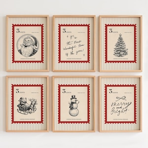 Set de 6 láminas navideñas vintage con sellos. Póster navideño rojo retro moderno. Arte digital navideño acogedor con estética invernal.