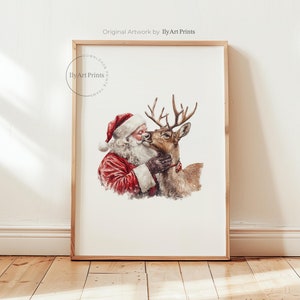 Papai Noel de Natal com um veado Impressão, impressão engraçada de Natal, decoração moderna de Natal, pôster de Natal, arte de parede de Natal, impressão de feriado