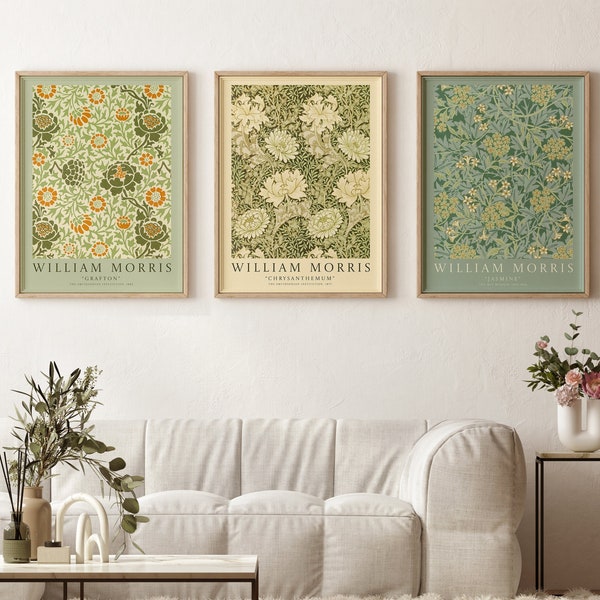 William Morris Set of 3 Prints, Green William Morris Posters, Floral Decor, Botanical Vintage Print, William Morris Art Print,Exhibition Art