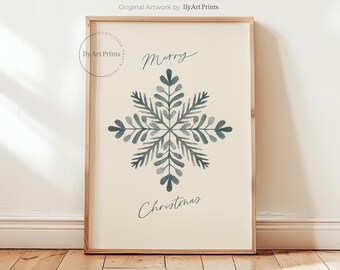 Könnte beinhalten: Ein druckbarer Kunstdruck mit einem blauen Aquarell-Schneeflocke und dem Text "Frohe Weihnachten".