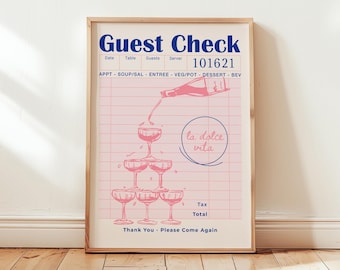 Trendy Blush Pink Guest Check Print Champagne Wall Art Bar Cart Poster Retro Wall Prints Aesthetic Guest Check Wall Art funky home decor