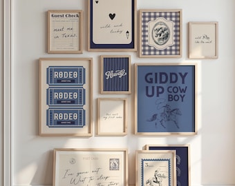 Set di 12 stampe da parete Western alla moda, stampe retrò blu navy di cowboy, decorazioni per la casa in stile western vintage, poster con cartolina, download digitale