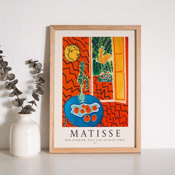 Matisse Wall Art Print, Red Interior Still Life on a Blue Table Poster, Matisse Exhibition Poster, Trendy DIGITAL DOWNLOAD, Landscape Art