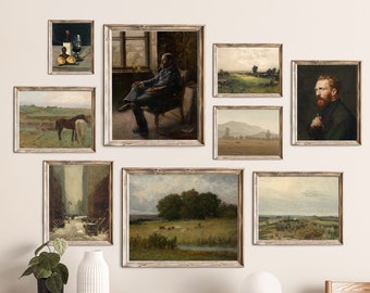 Vintage Oil Painting Gallery | Set of 9 Printable Art | Antique Prints Warm Aesthetic Decor | Natural Landscape Wall Art | DIGITAL DOWNLOAD