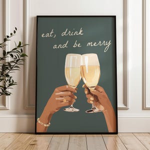 Eat Drink and Be Merry vakantie decoratie barwagen, retro gejuich print, decoratie kerstvakantie, decoratie barwagen, merry christmas print, champagne