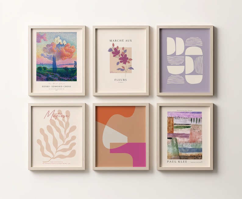 May include: Six framed art prints featuring a variety of styles and colours. The prints include abstract shapes, landscapes, and floral designs. All prints are in white frames and arranged in a grid pattern.