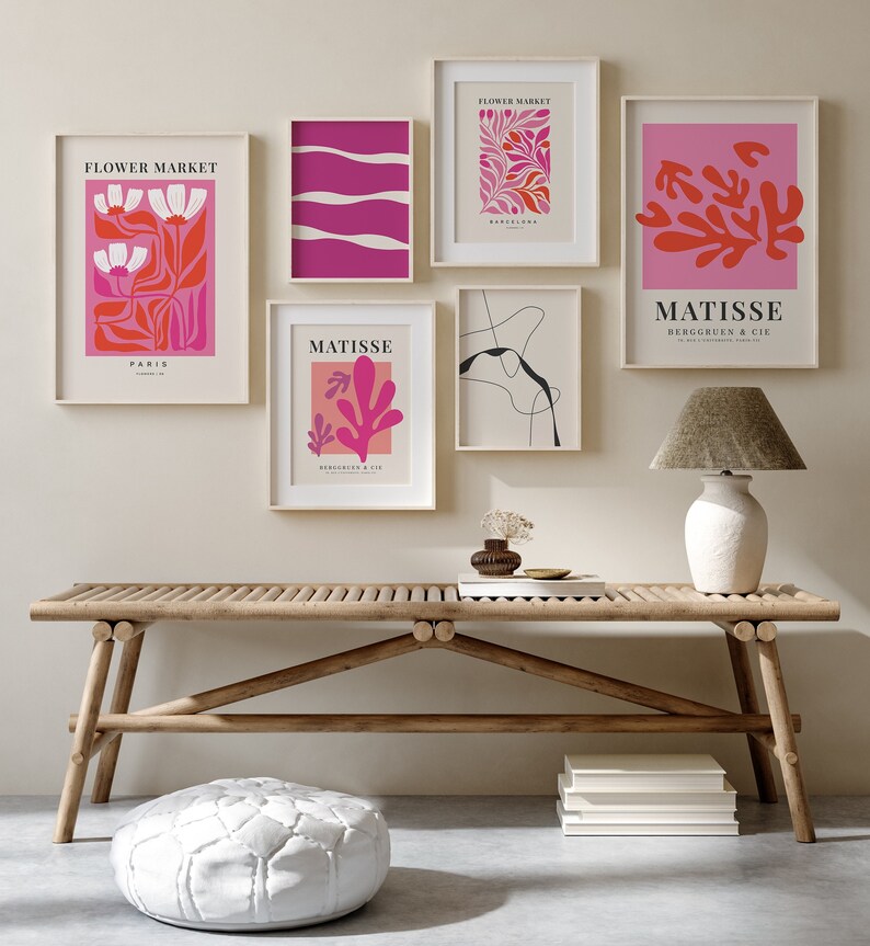 MODERN GALLERIVÄGG Set med 6 väggkonsttryck, studentrumsdekor för flickor, set med 6 tryck, alla hjärtans dag-tryckbart, alla hjärtans dag-dekor, Pink Matisse bild 1
