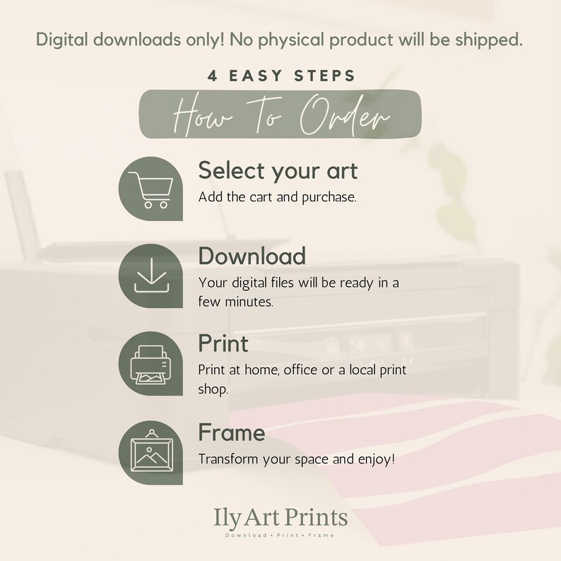 May include: A graphic illustration of four easy steps to order digital art prints. The steps are: Select your art, Download, Print, and Frame. The illustration features icons for each step, including a shopping cart, a download arrow, a printer, and a picture frame.