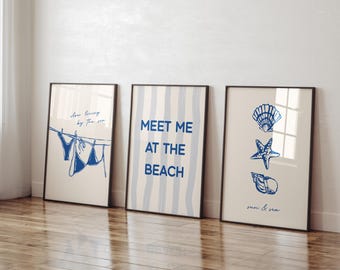 meet me op het strand marineblauwe kustprint set van 3, trendy esthetische barwagen wanddecoratie, preppy stuff, beachy muurkunst slaapzaal decor