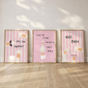 Funny Goose Bathroom Print Set of 3, Pink Green Stripes Pooping Wall Art, Nice Bum Bathroom Decor (Digital Download)