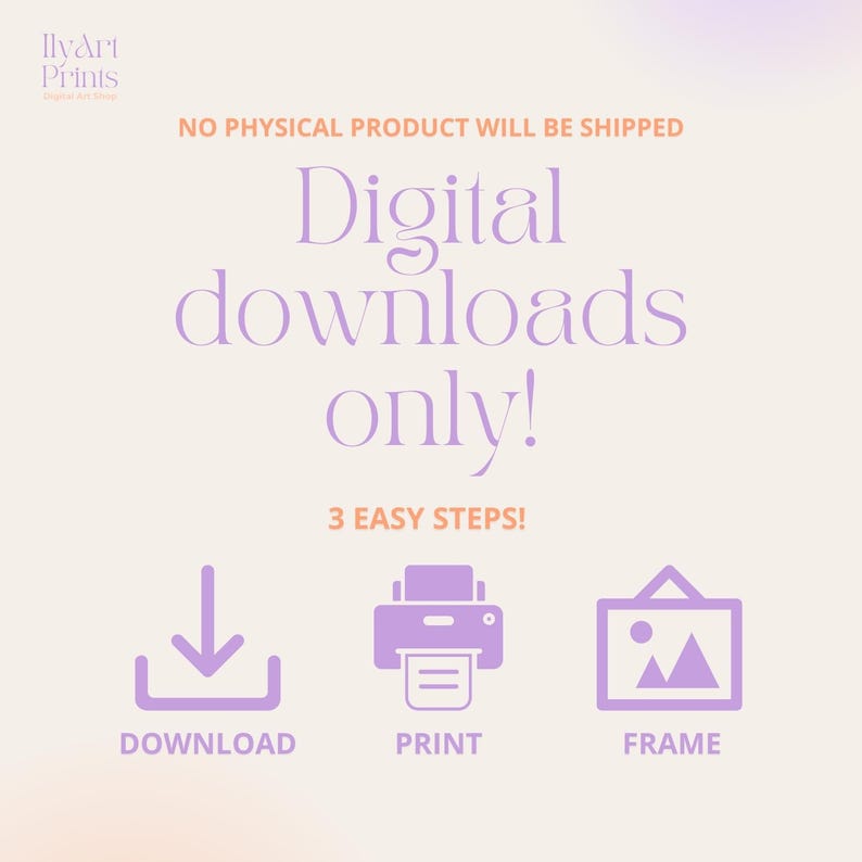 Op de afbeelding: Paarse tekst op een lichtroze achtergrond met de tekst "Digitale downloads alleen!" met drie pictogrammen eronder: een downloadpijl, een printer en een fotolijst. De tekst "3 gemakkelijke stappen!" staat boven de pictogrammen.