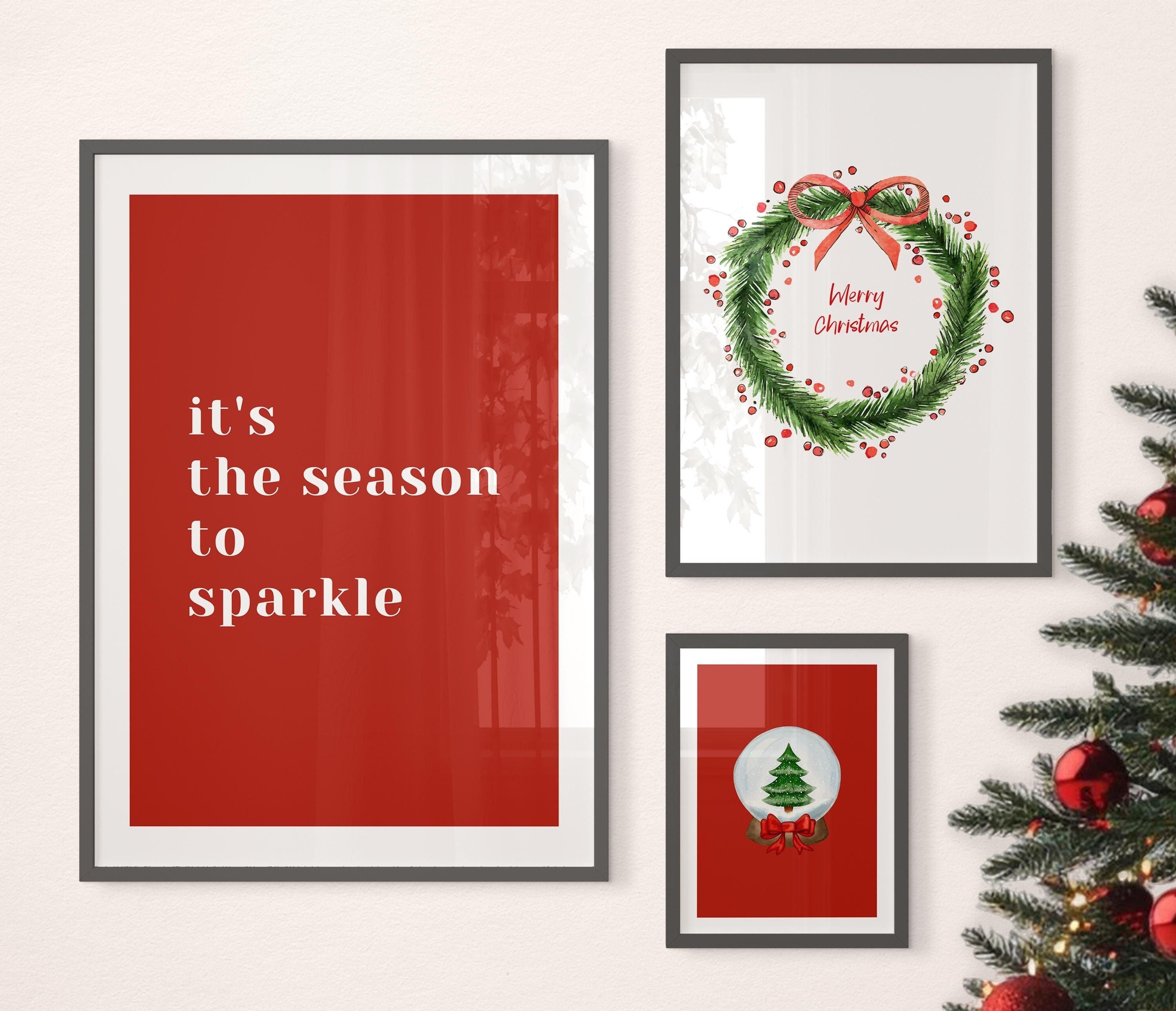 Christmas Printable Set of 3, It's the season to sparkle print, Red Merry Christmas Wall Art, Trendy Holiday Decor, Dorm Room Decor, Digital