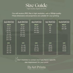 May include: A size guide for digital art prints, showing different aspect ratios and corresponding inch and centimeter measurements. The guide includes standard paper sizes like A4, A3, A2, and A1.
