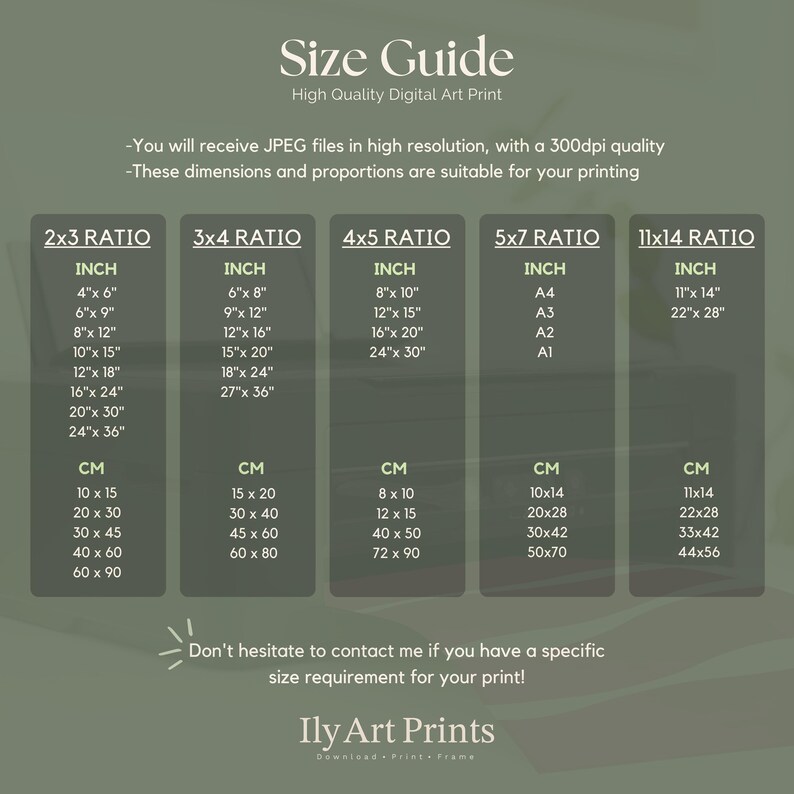 May include: A size guide for digital art prints, showing different aspect ratios and corresponding inch and centimeter measurements. The guide includes standard paper sizes like A4, A3, A2, and A1.