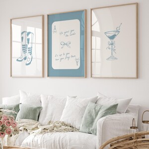 Trendy Blue Bows Wall Art Gallery Set of 3, Coastal Cowgirl Boots, coquette room decor, Girly Wall Art, lucky you wall art, preppy poster image 6