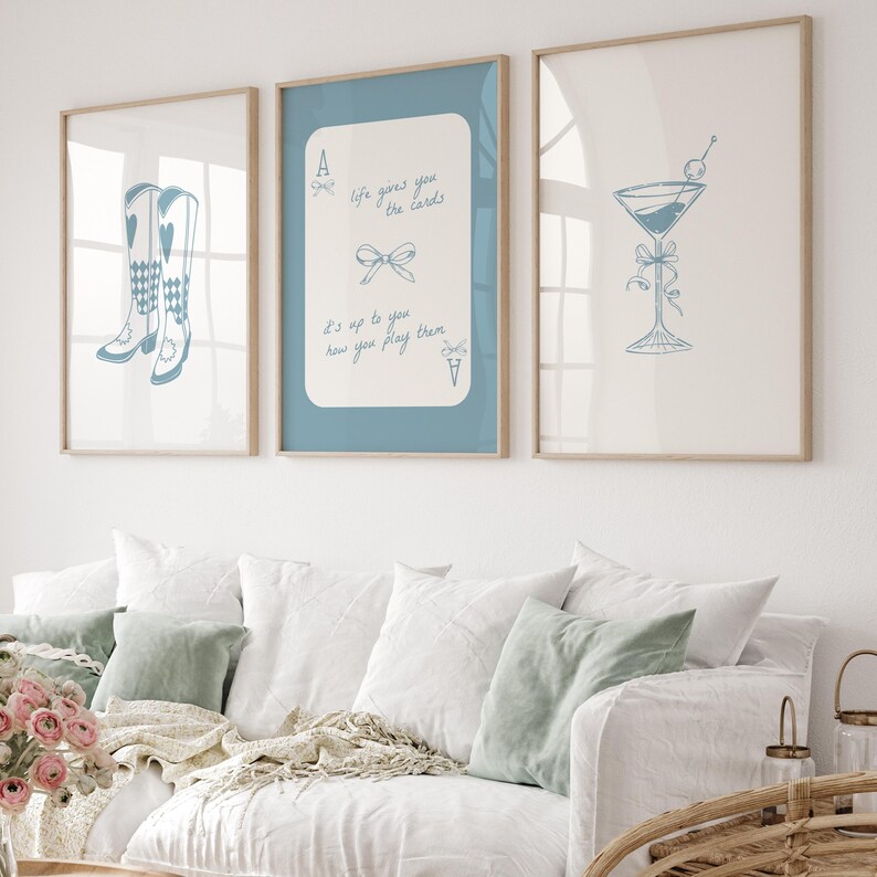 Trendy Blue Bows Wall Art Gallery Set of 3, Coastal Cowgirl Boots, coquette room decor, Girly Wall Art, lucky you wall art, preppy poster image 6