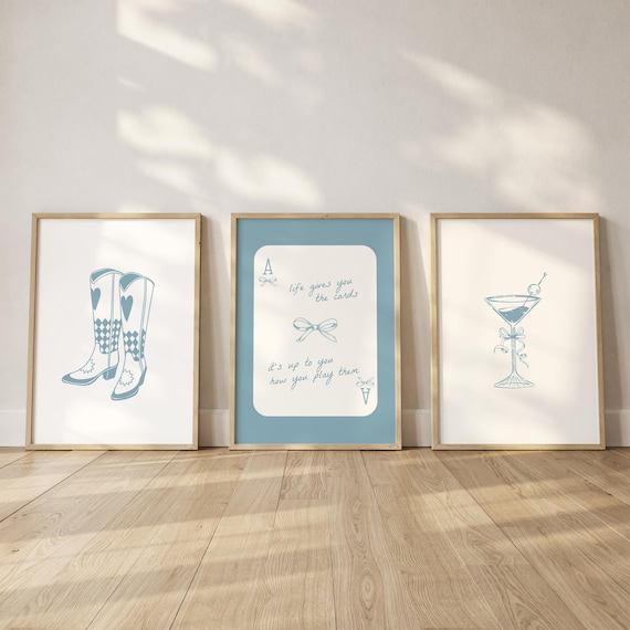 Trendy Blue Bows Wall Art Gallery Set of 3, Coastal Cowgirl Boots, coquette room decor, Girly Wall Art, lucky you wall art, preppy poster