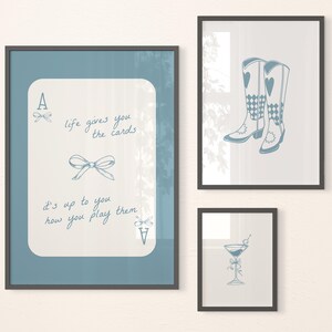 Trendy Blue Bows Wall Art Gallery Set of 3, Coastal Cowgirl Boots, coquette room decor, Girly Wall Art, lucky you wall art, preppy poster image 7
