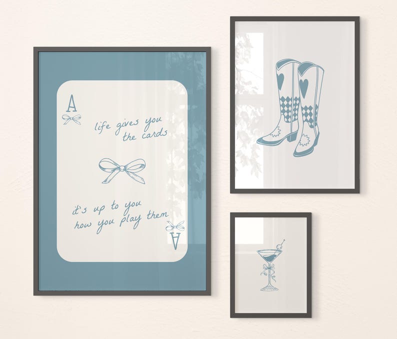 Trendy Blue Bows Wall Art Gallery Set of 3, Coastal Cowgirl Boots, coquette room decor, Girly Wall Art, lucky you wall art, preppy poster image 7