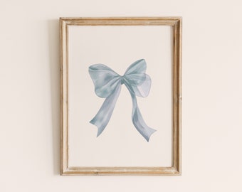 Trendy Blue Bow Coquette Printable Watercolor Vintage Western Aesthetic Print College Apartment Decor Nursery Baby Boy Decor preppy bow art