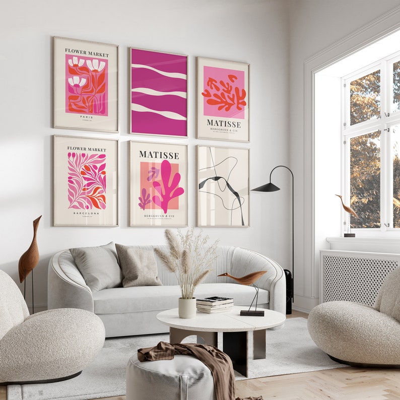 MODERN GALLERIVÄGG Set med 6 väggkonsttryck, studentrumsdekor för flickor, set med 6 tryck, alla hjärtans dag-tryckbart, alla hjärtans dag-dekor, Pink Matisse bild 2