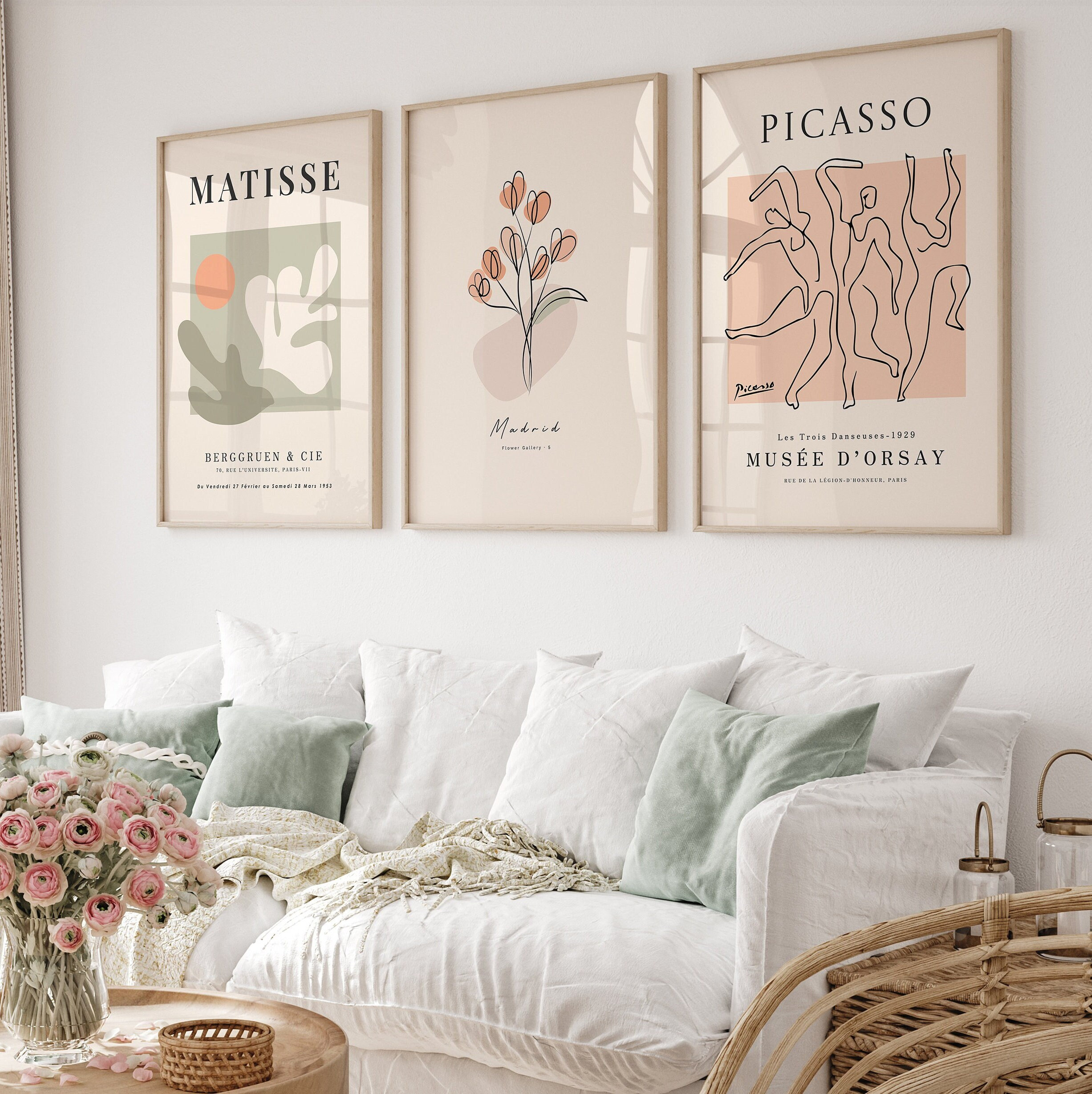 Soft Gallery Wall Art Set Of 3 Prints, Picasso Print, Matisse Poster, Picasso Poster,Gallery Wall Bundle, botanical wall art,Modern Wall Art