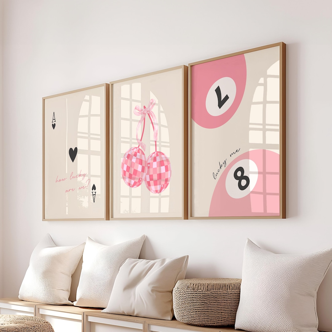 Vintage Pink How Lucky Are We Print Set of 3 Lucky 8 Pool Ball Art ...