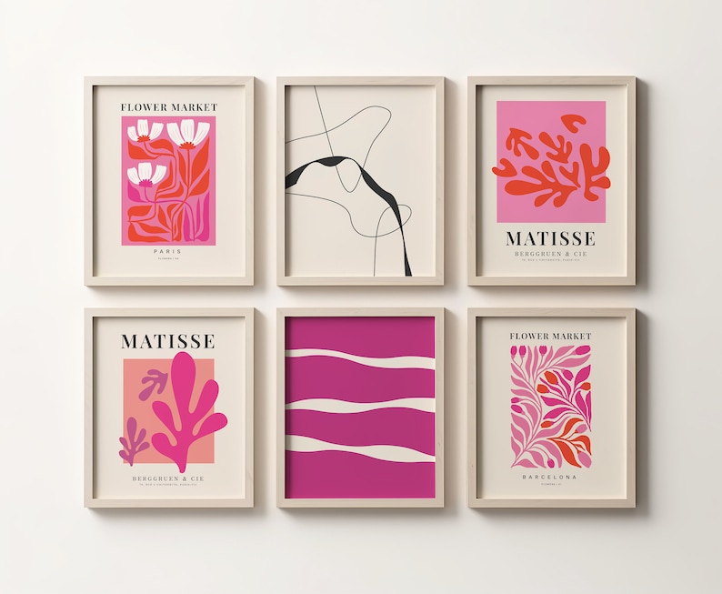 MODERN GALLERIVÄGG Set med 6 väggkonsttryck, studentrumsdekor för flickor, set med 6 tryck, alla hjärtans dag-tryckbart, alla hjärtans dag-dekor, Pink Matisse bild 4
